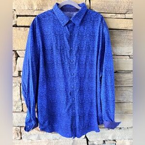 Robert Graham Mens Blue Damask Patterned Long-Sleeve Button-Up Shirt Roll Sleeve